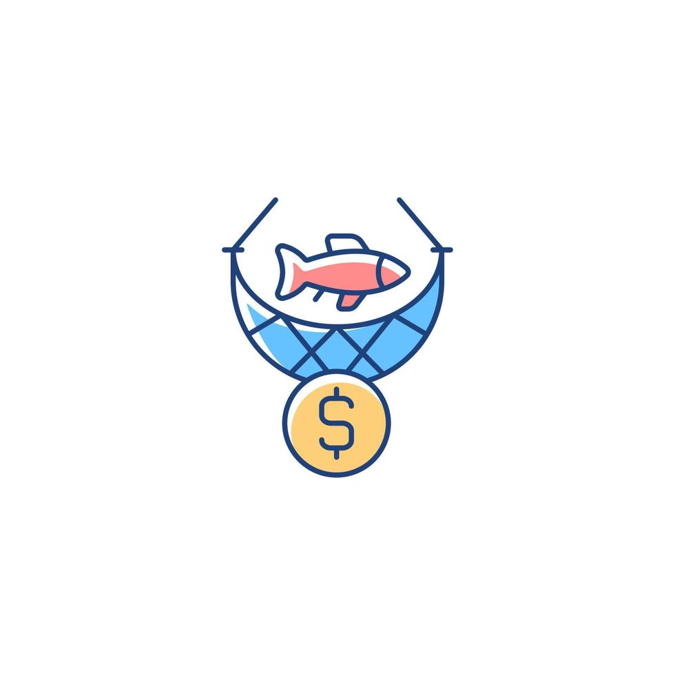 Commercial fishing RGB color icon. Catching seafood for trade. Aquaculture harvest. Fishing industry and business. Commercial fishery. Isolated vector illustration. Simple filled line drawing