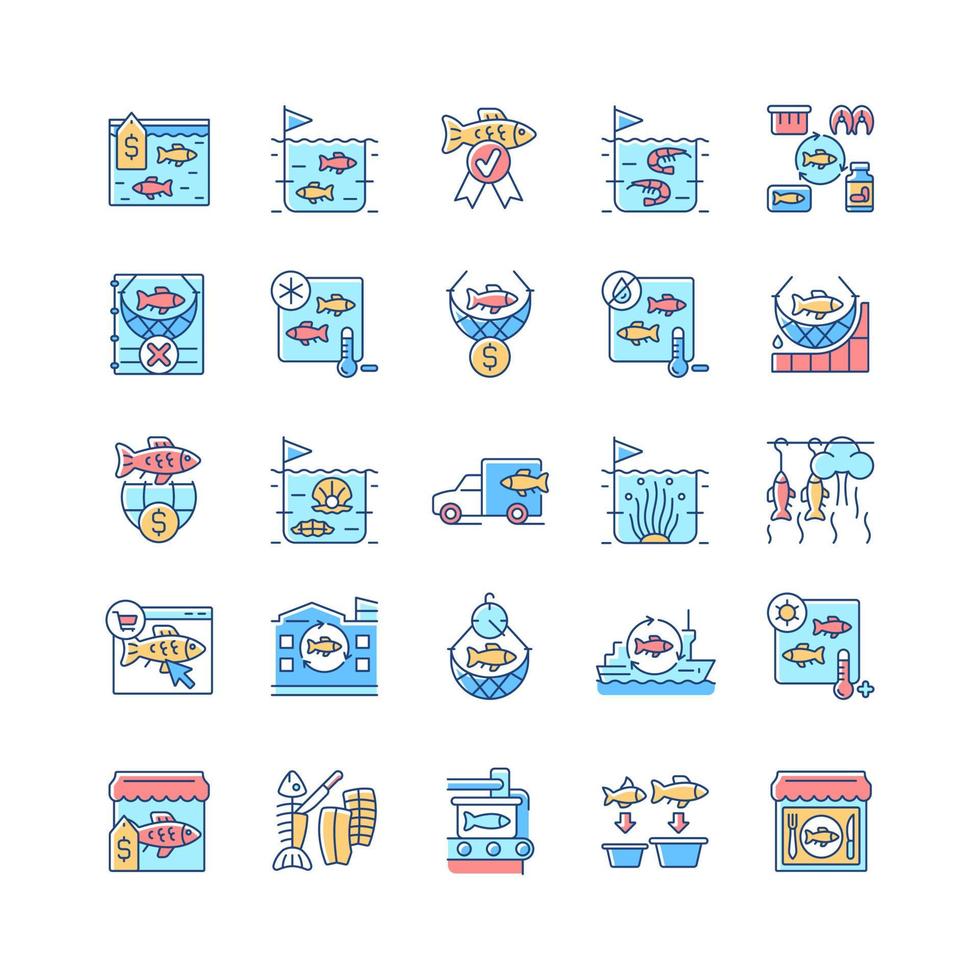 Fishing industry RGB color icons set. Catching and preparing seafood. Processing and farming. Canning plant. Fishery rules. Isolated vector illustrations. Simple filled line drawings collection