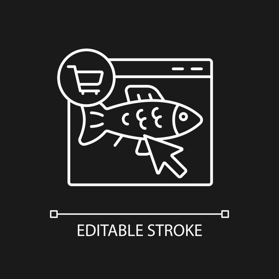 Online fish order white linear icon for dark theme. Purchase fresh seafood products on internet. Thin line customizable illustration. Isolated vector contour symbol for night mode. Editable stroke