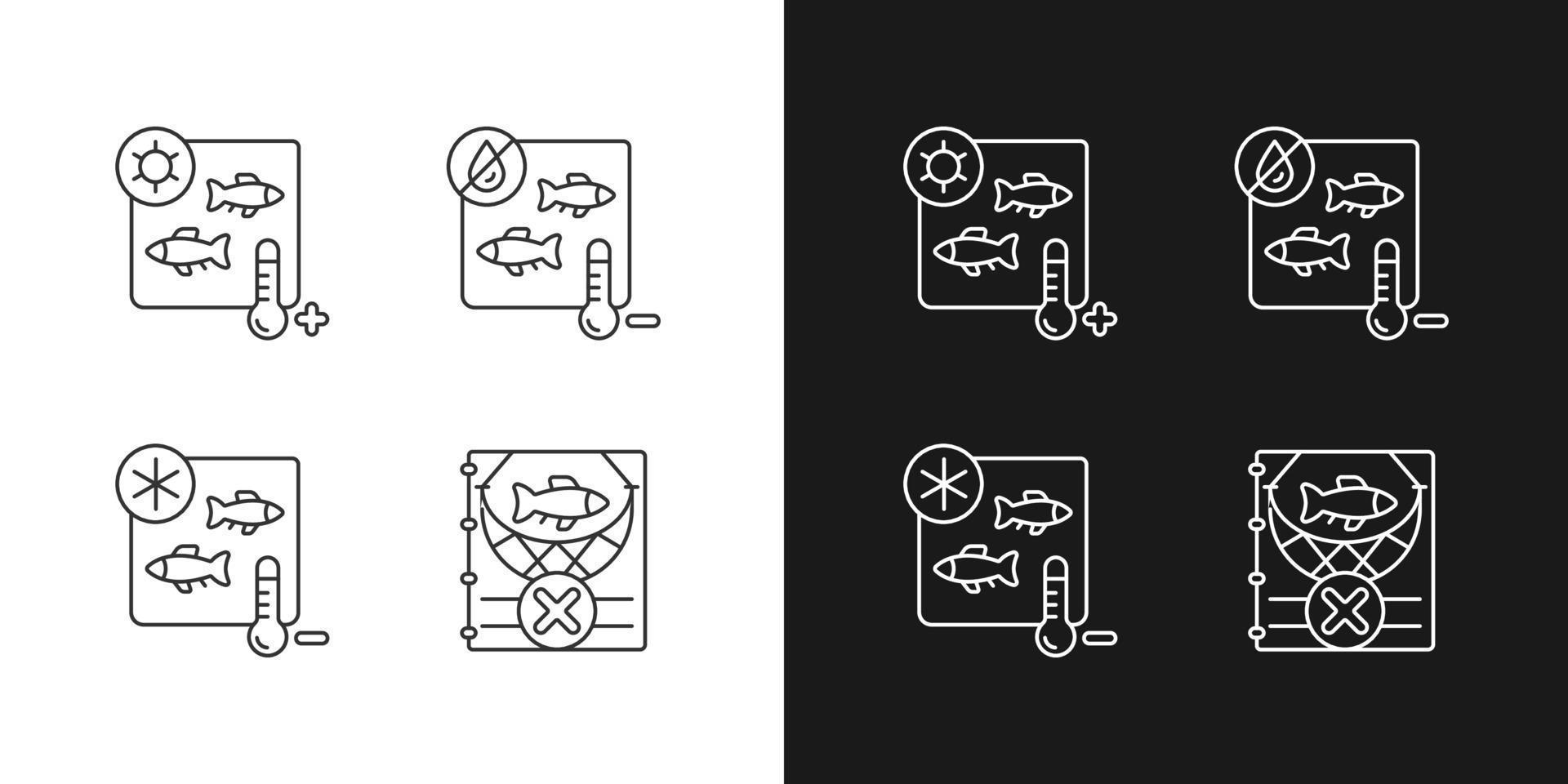 iconos lineales de esterilización de productos pesqueros establecidos para modo oscuro y claro. tratamiento térmico y liofilización. símbolos de línea fina personalizables. ilustraciones aisladas de contorno vectorial. trazo editable vector