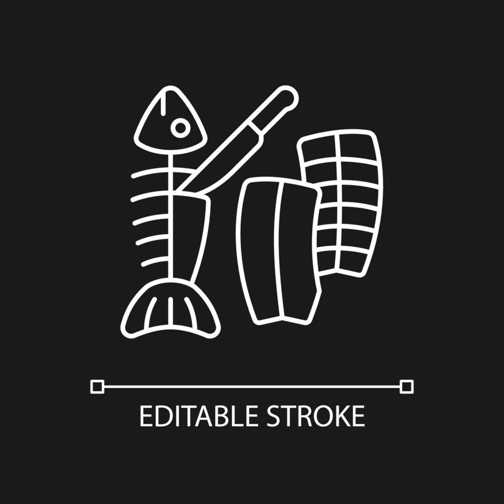 Fillet carving white linear icon for dark theme. Slicing fish flesh. Boneless seafood product. Thin line customizable illustration. Isolated vector contour symbol for night mode. Editable stroke