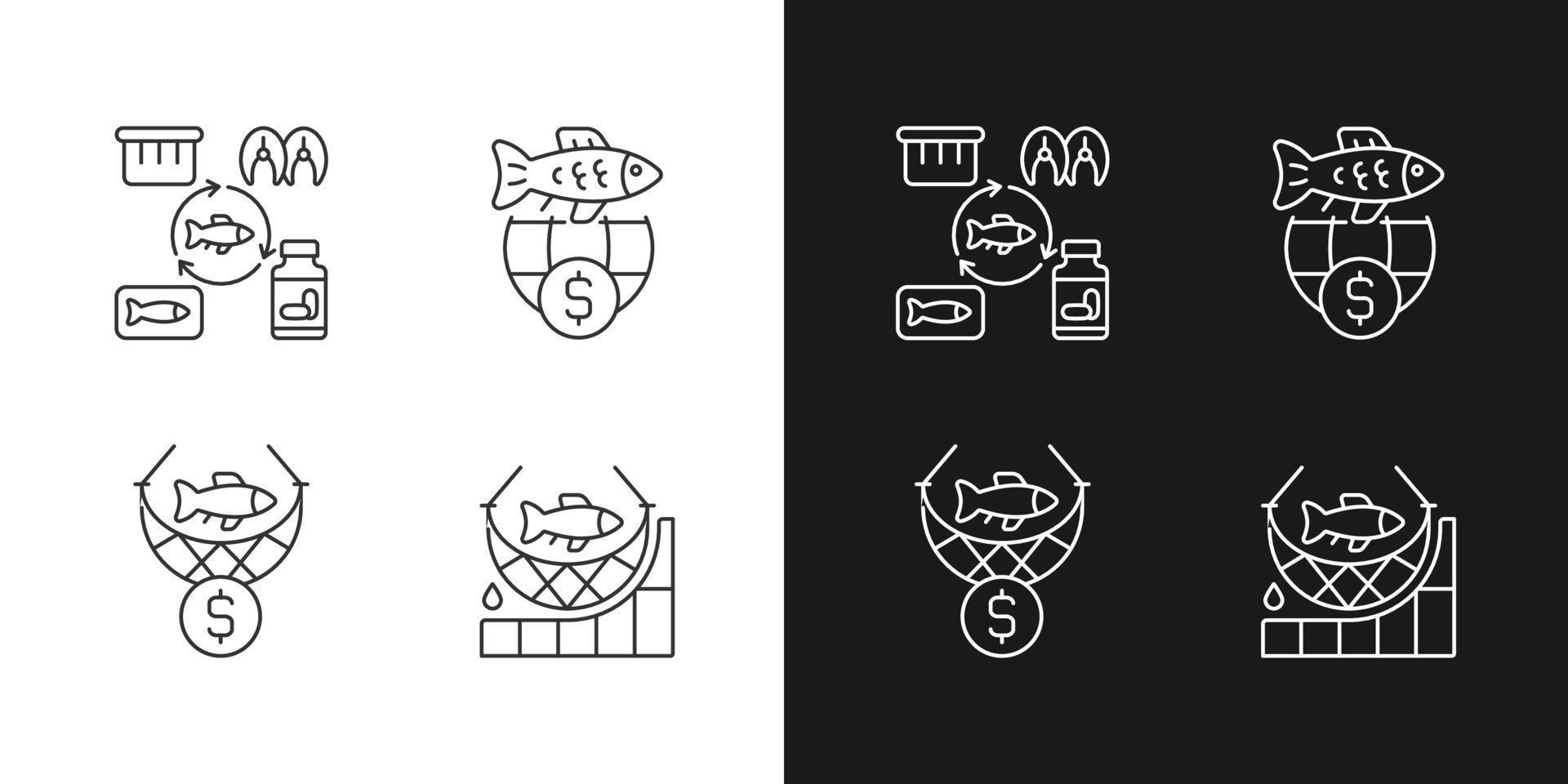 Fish product producing and trade linear icons set for dark and light mode. Producing sea products for trade. Customizable thin line symbols. Isolated vector outline illustrations. Editable stroke