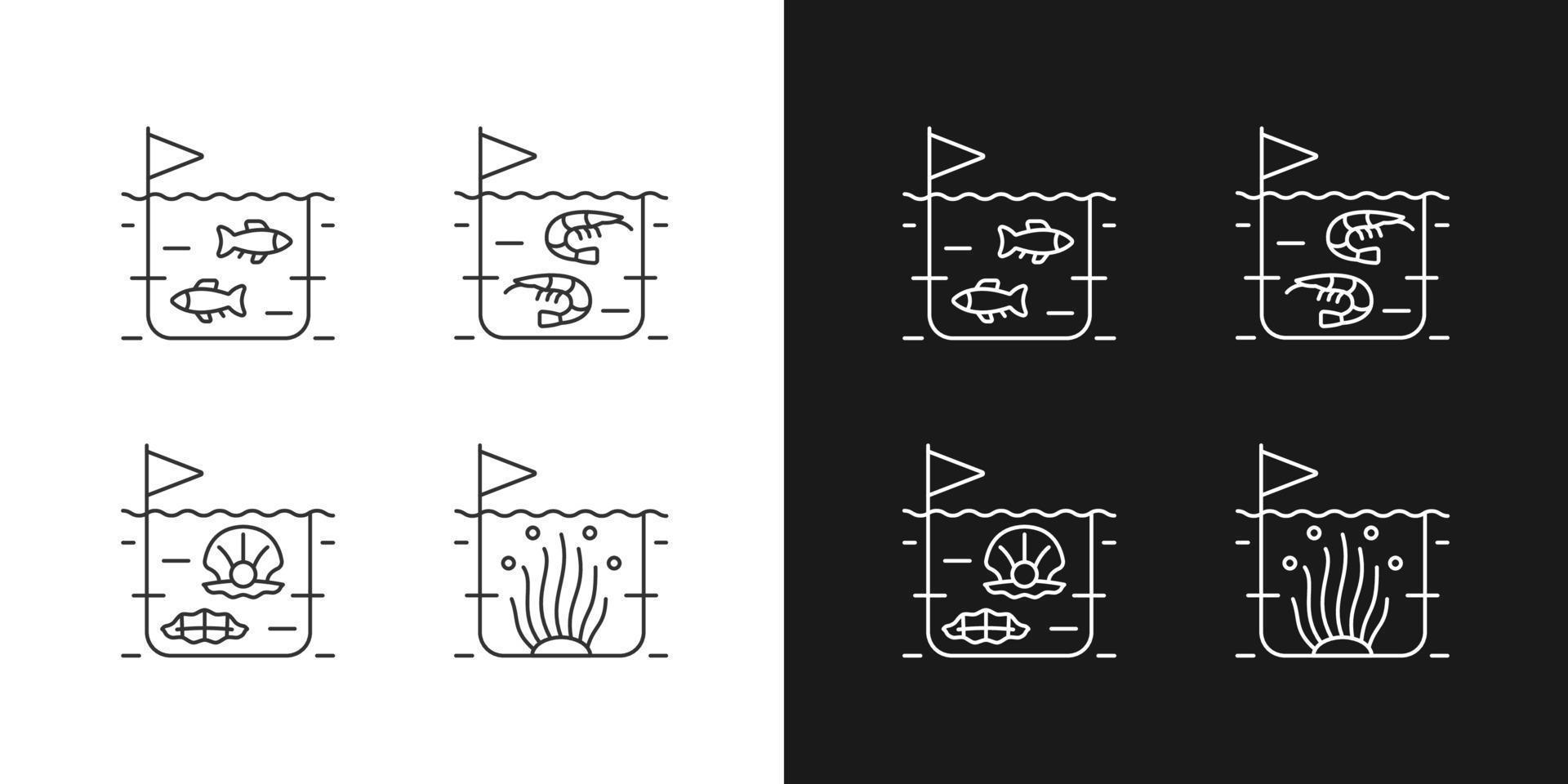 Commercial sea product farming linear icons set for dark and light mode. Shrimp, fish growing. Pearl extraction. Customizable thin line symbols. Isolated vector outline illustrations. Editable stroke