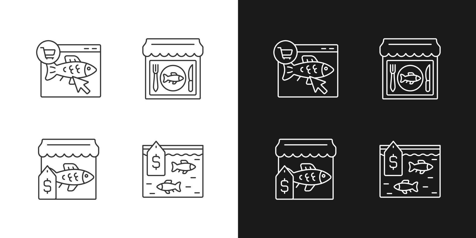 Seafood product selling linear icons set for dark and light mode. Fishing industry. Fish market and online shop. Customizable thin line symbols. Isolated vector outline illustrations. Editable stroke