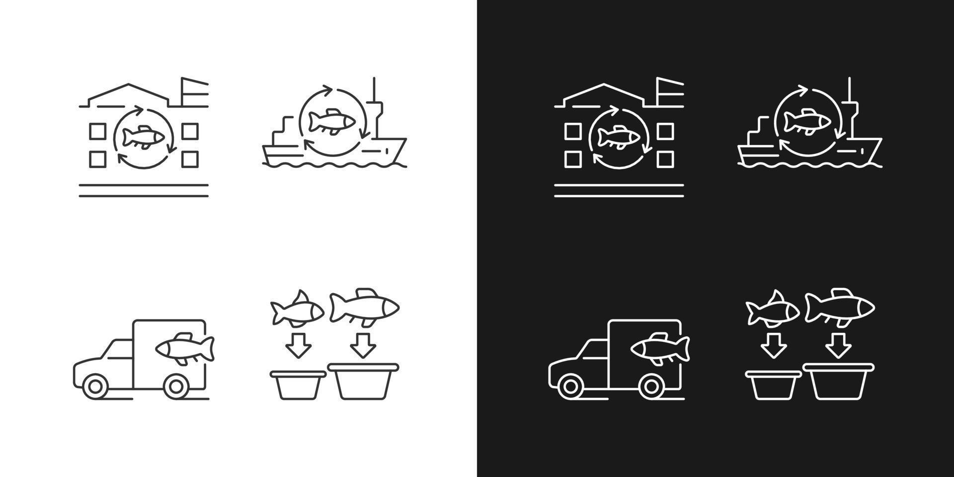 Fish processing and transportation linear icons set for dark and light mode. Seafood product manufacturing. Customizable thin line symbols. Isolated vector outline illustrations. Editable stroke