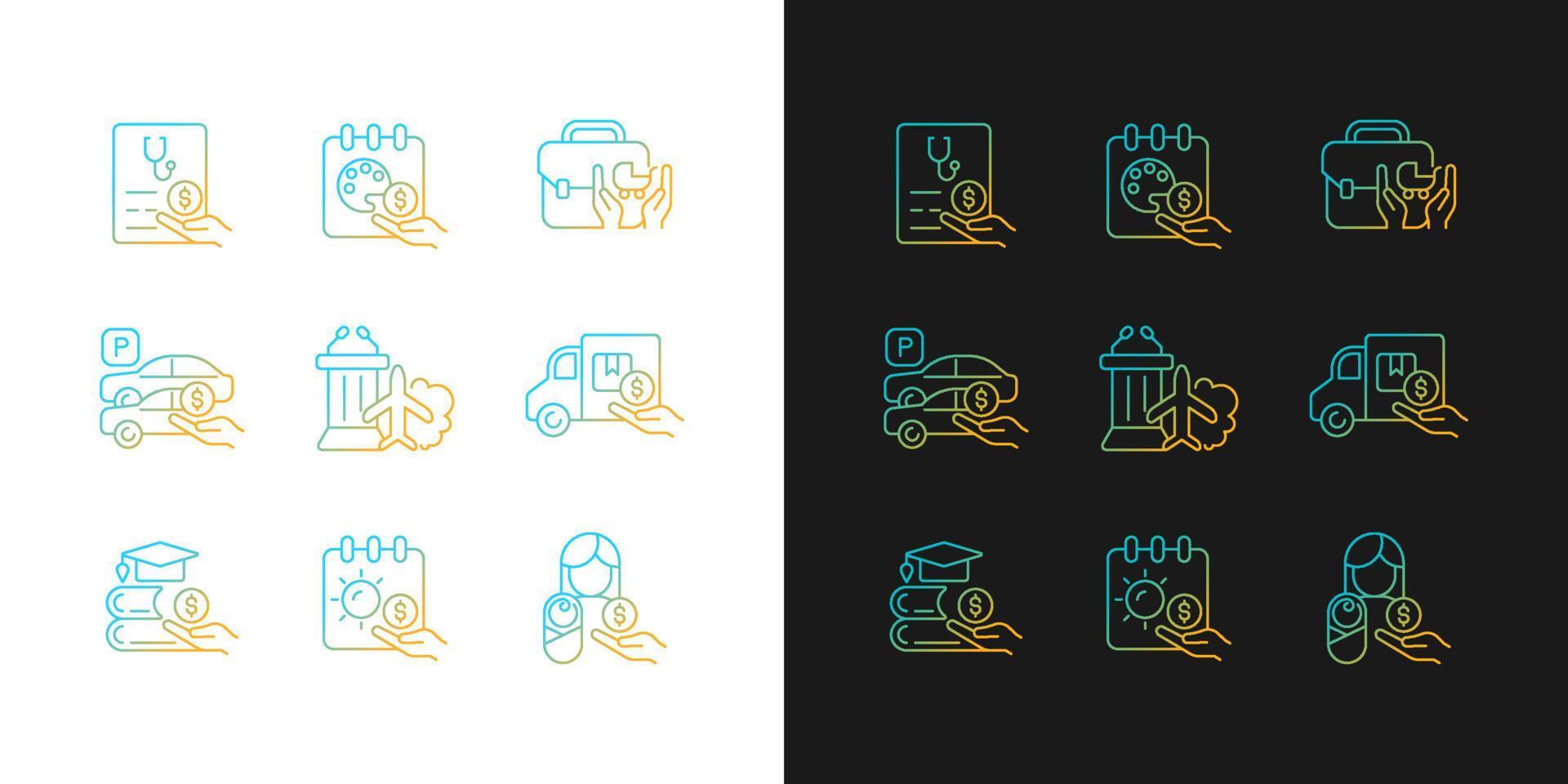 Rewarding employee for hard work gradient icons set for dark and light mode. Supplemental wages. Thin line contour symbols bundle. Isolated vector outline illustrations collection on black and white