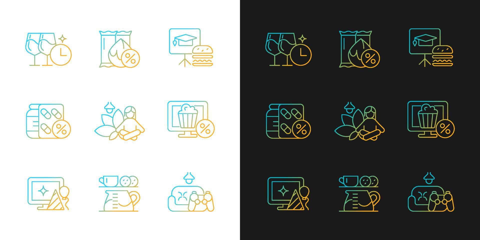 Employee benefits for wellbeing gradient icons set for dark and light mode. Wellness protection. Thin line contour symbols bundle. Isolated vector outline illustrations collection on black and white