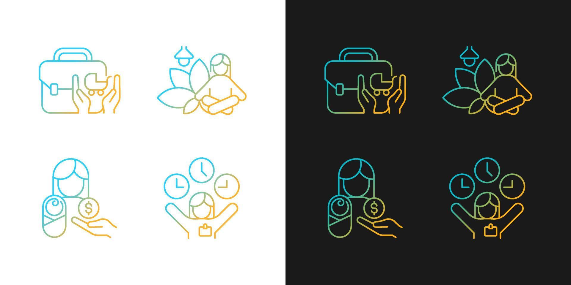 Employee incentives gradient icons set for dark and light mode. Meditative space. Flexible hours. Thin line contour symbols bundle. Isolated vector outline illustrations collection on black and white