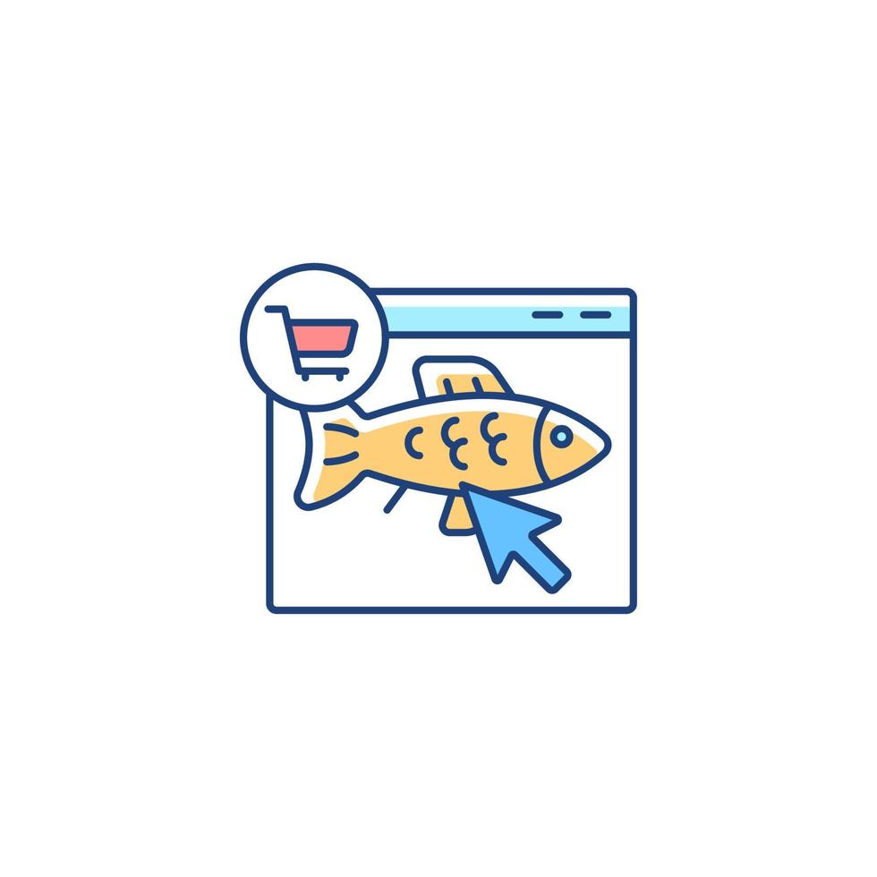 icono de color rgb de pedido de pescado en línea. comprar productos del mar frescos por internet. amplia gama de productos. entrega de pescado fresco y congelado. ilustración vectorial aislada. dibujo lineal relleno simple vector