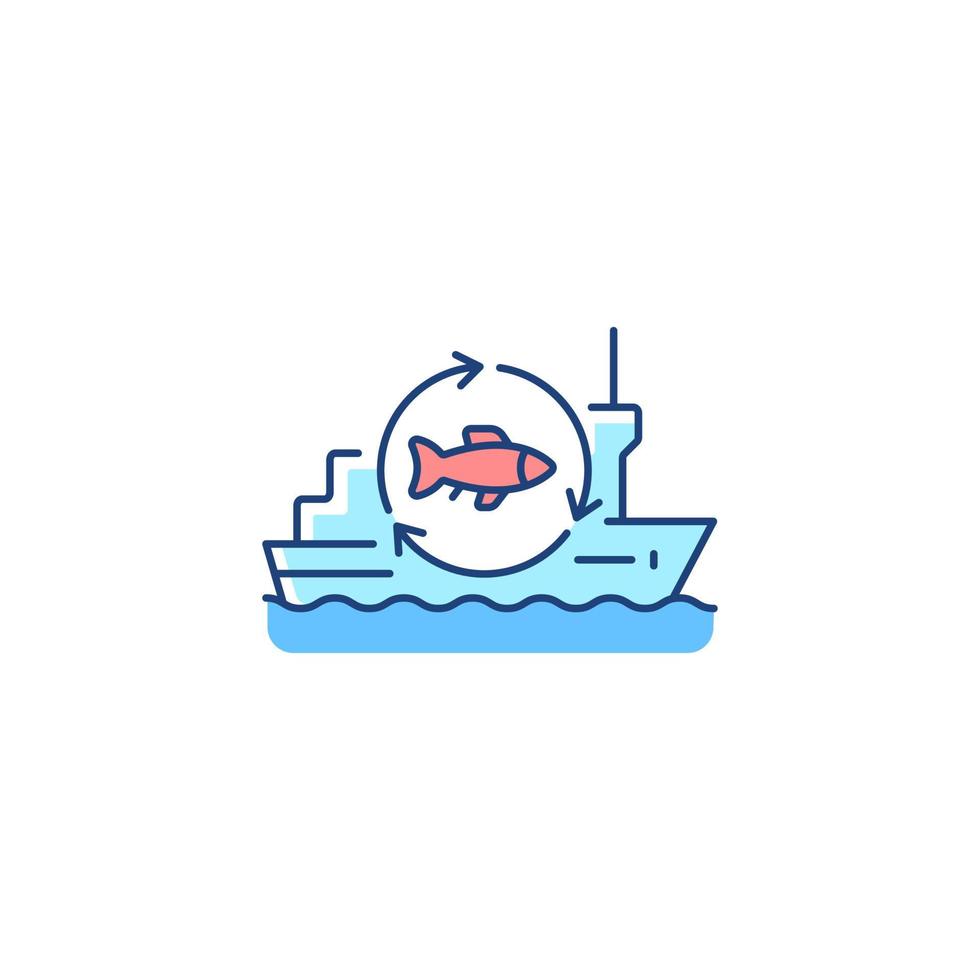 Fish processing vessel RGB color icon. Large factory ship. Equipped fishery trawler. Commercial fishery. Fish freezing and sterilization. Isolated vector illustration. Simple filled line drawing