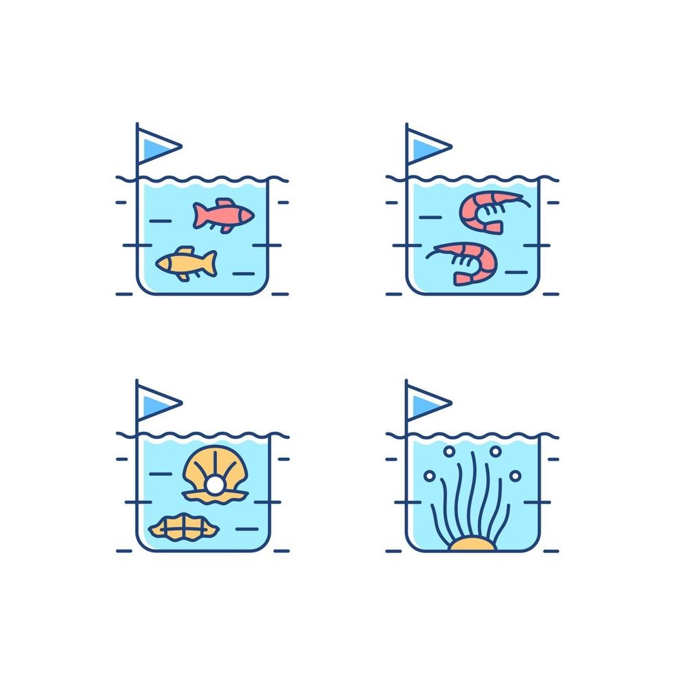 conjunto de iconos de color rgb de cultivo de productos marinos comerciales. cultivo de camarones y peces. extracción de perlas para el comercio. cría de peces. ilustraciones vectoriales aisladas. colección de dibujos de líneas rellenas simples vector