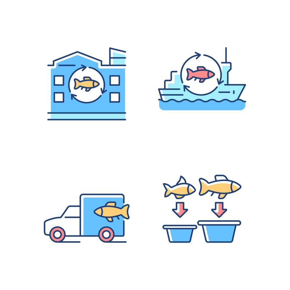 conjunto de iconos de color rgb de procesamiento y transporte de pescado. fabricación de productos del mar. buque y fábrica de procesamiento de pescado. ilustraciones vectoriales aisladas. colección de dibujos de líneas rellenas simples vector