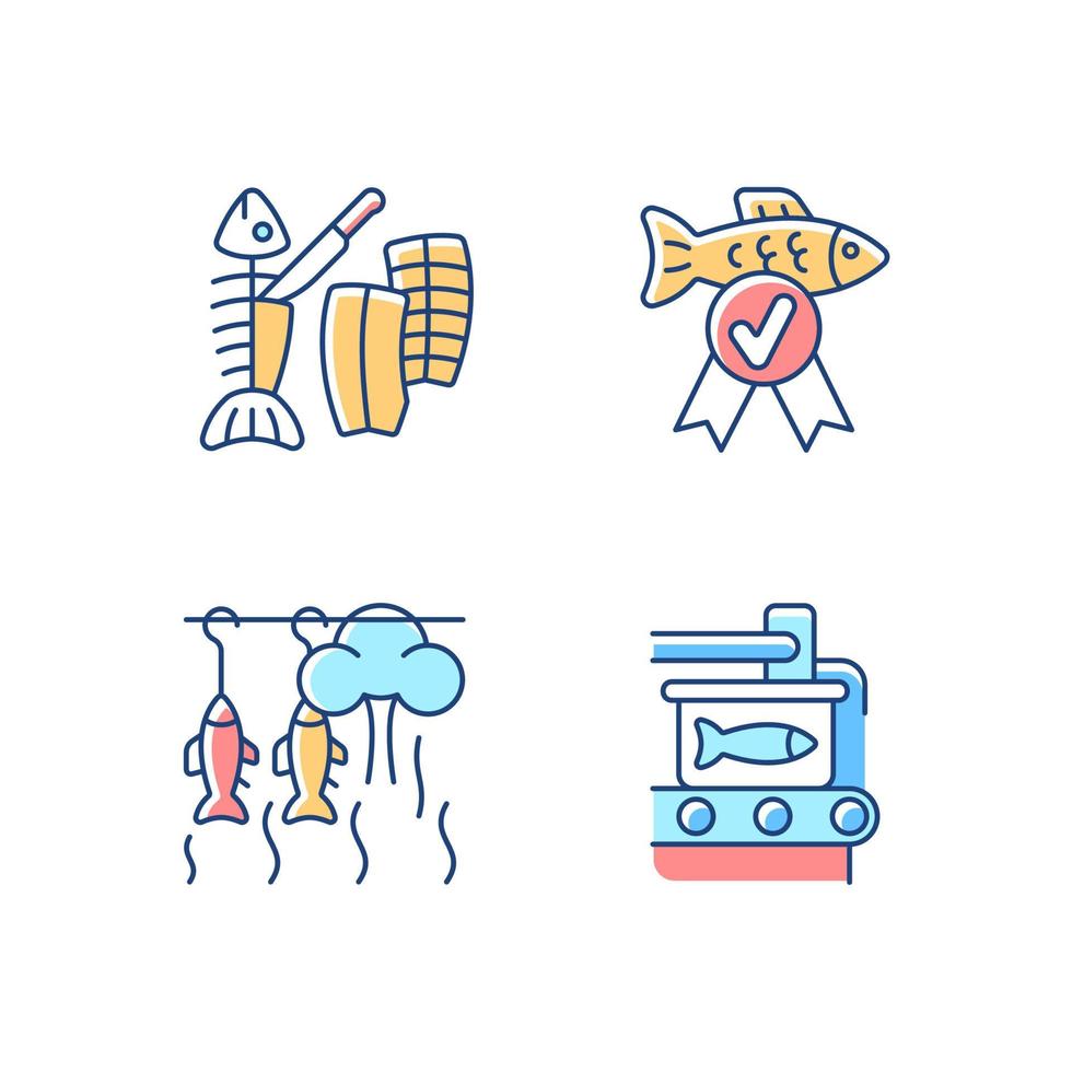 conjunto de iconos de color rgb de preparación de productos de pescado. ahumado y enlatado de pescado. filete de talla. control de calidad de mariscos. ilustraciones vectoriales aisladas. colección de dibujos de líneas rellenas simples vector