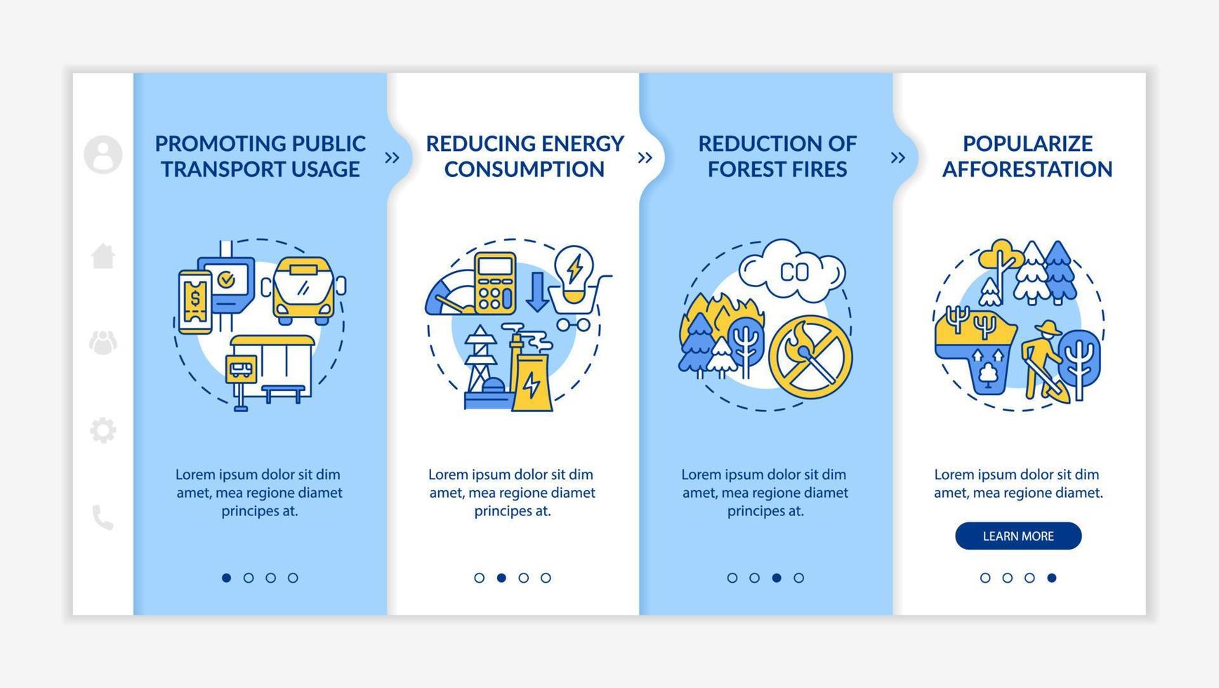 Sustainability initiatives onboarding vector template. Responsive mobile website with icons. Web page walkthrough 4 step screens. Reducing energy consumption color concept with linear illustrations