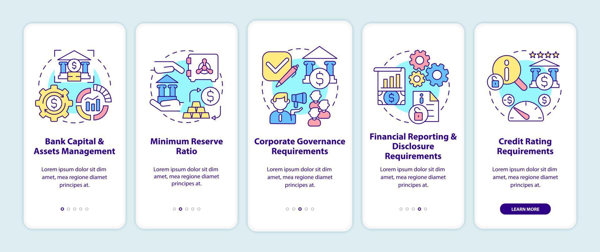 Bank regulation requirements onboarding mobile app page screen. Assets management walkthrough 5 steps graphic instructions with concepts. UI, UX, GUI vector template with linear color illustrations