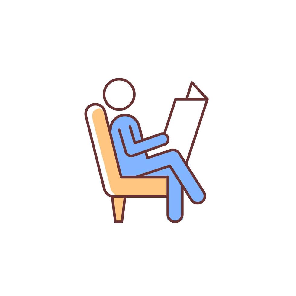 leer el icono de color rgb del periódico. hombre sentado cómodamente en un sillón. persona leyendo las últimas noticias en papel. humano tomando un descanso del trabajo. ilustración vectorial aislada. dibujo lineal relleno simple vector