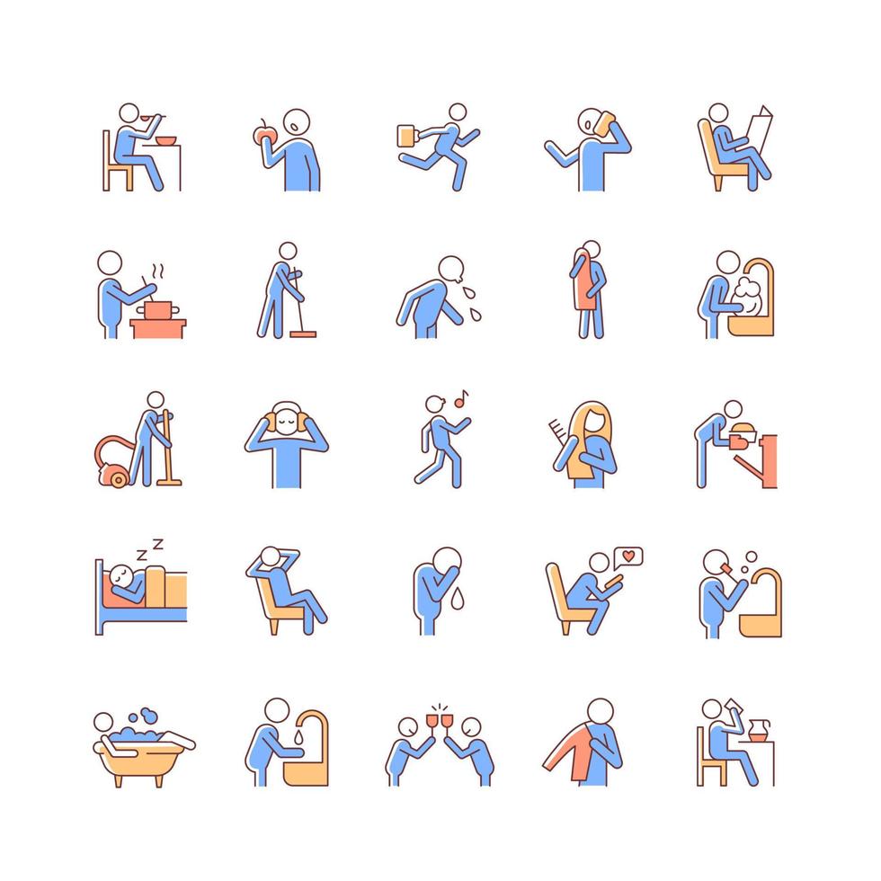 Human behaviour RGB color icons set. Activities of daily living. Commonplace household duties. Day-to-day routine. Isolated vector illustrations. Simple filled line drawings collection