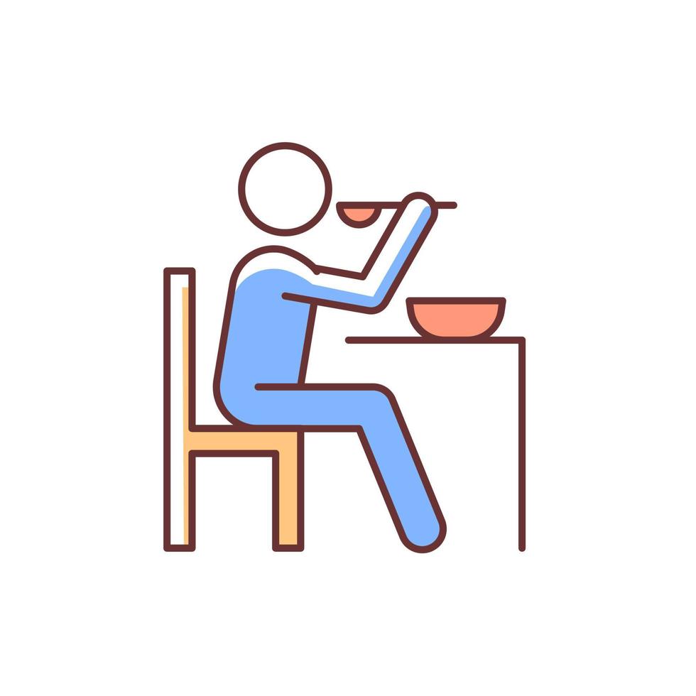 Eat RGB color icon. Man having dinner. Food, meal preparation. Cooking at home. Eating dinner at table. Healthy eating habits. Isolated vector illustration. Simple filled line drawing