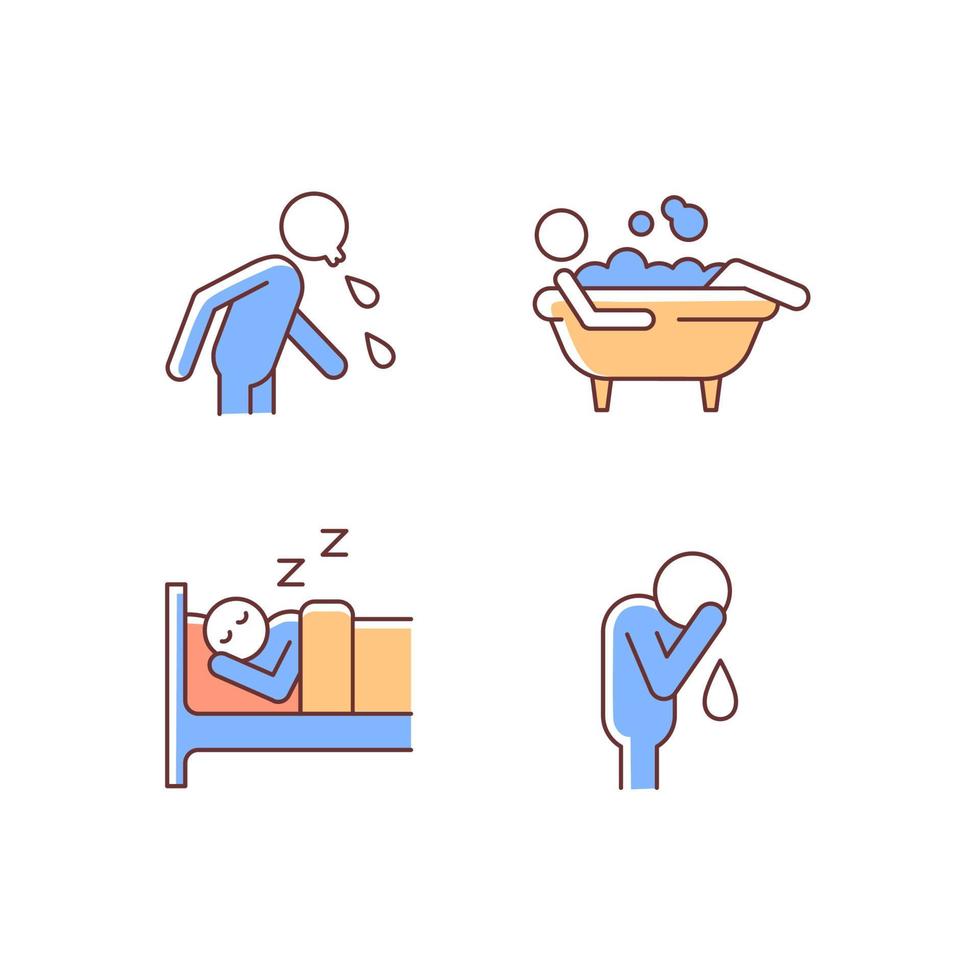 Human actions RGB color icons set. Crying man. Sleeping in bed. Lying in bubble bath. Spitting man. Day-to-day life. Isolated vector illustrations. Simple filled line drawings collection