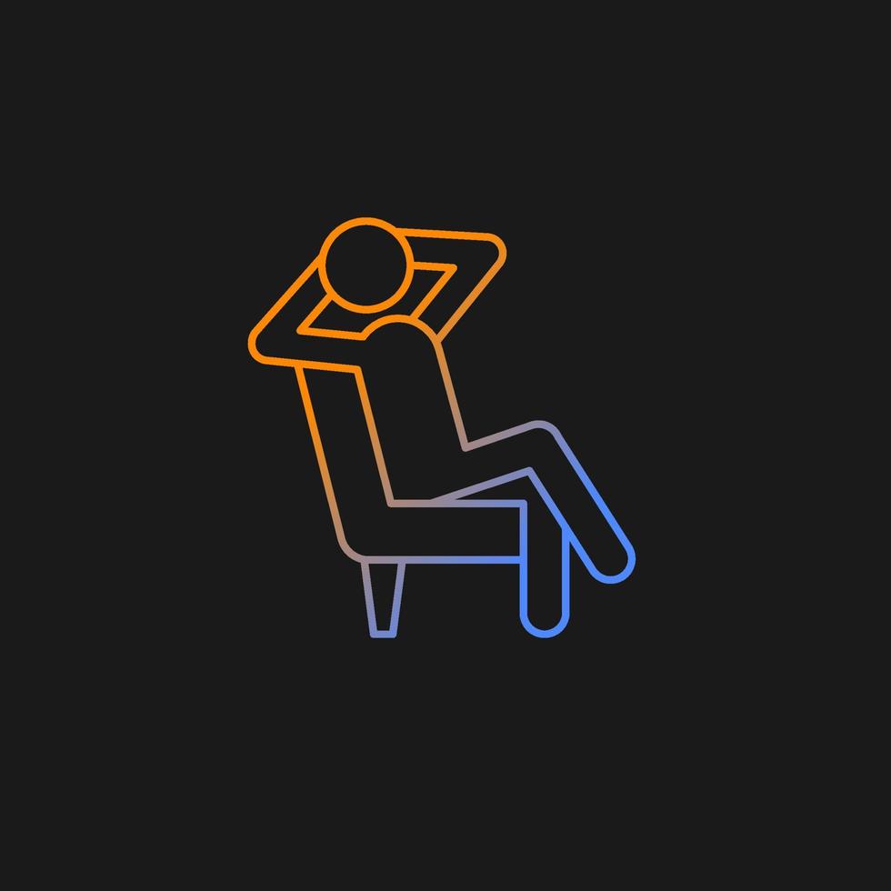 relaje el icono de vector de gradiente para el tema oscuro. hombre sentado en pose relajada. humano tomando un descanso del trabajo. símbolo de color de línea delgada. pictograma de estilo moderno. dibujo de contorno aislado vectorial