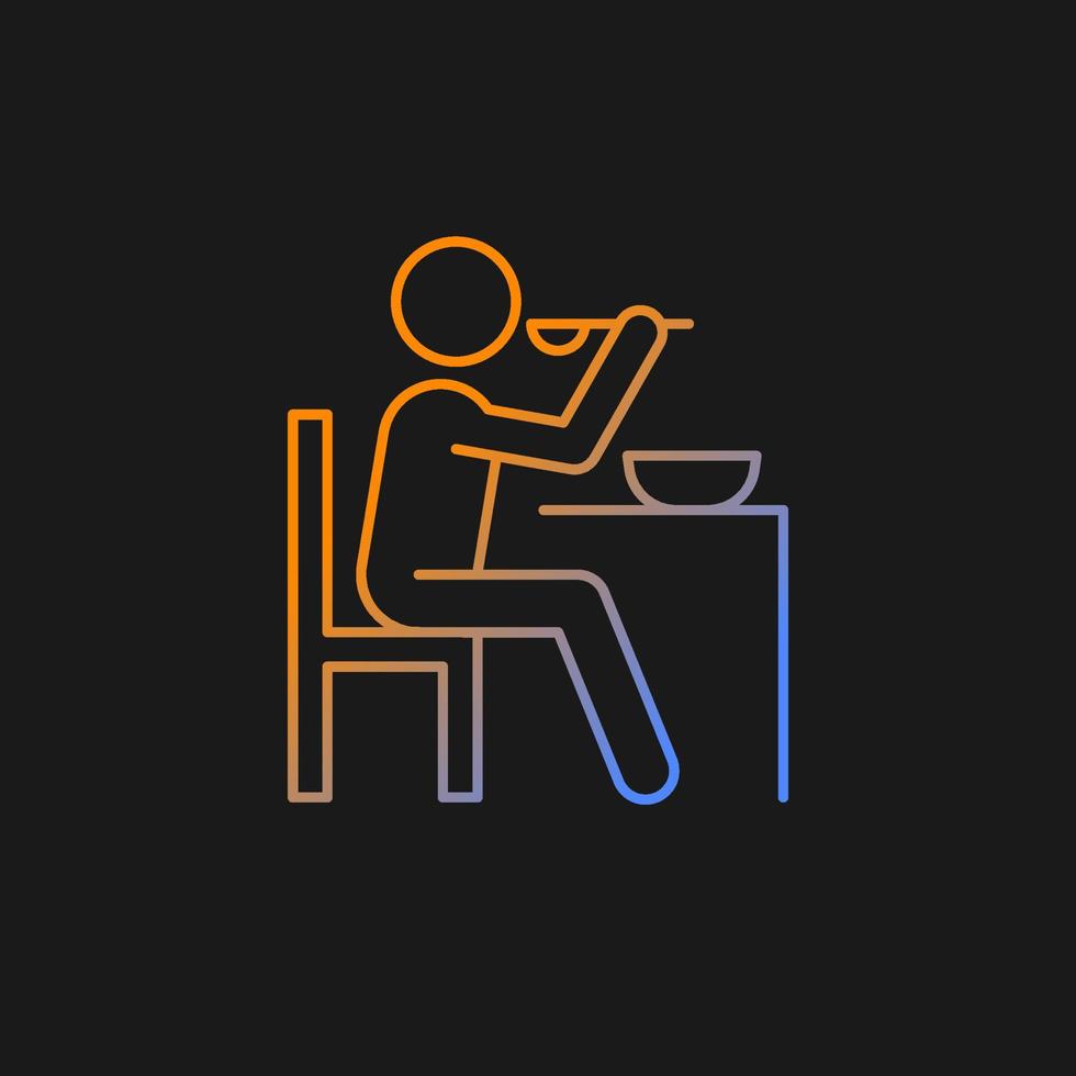 Eat gradient vector icon for dark theme. Man having dinner. . Eating dinner at table. Healthy eating habits. Thin line color symbol. Modern style pictogram. Vector isolated outline drawing