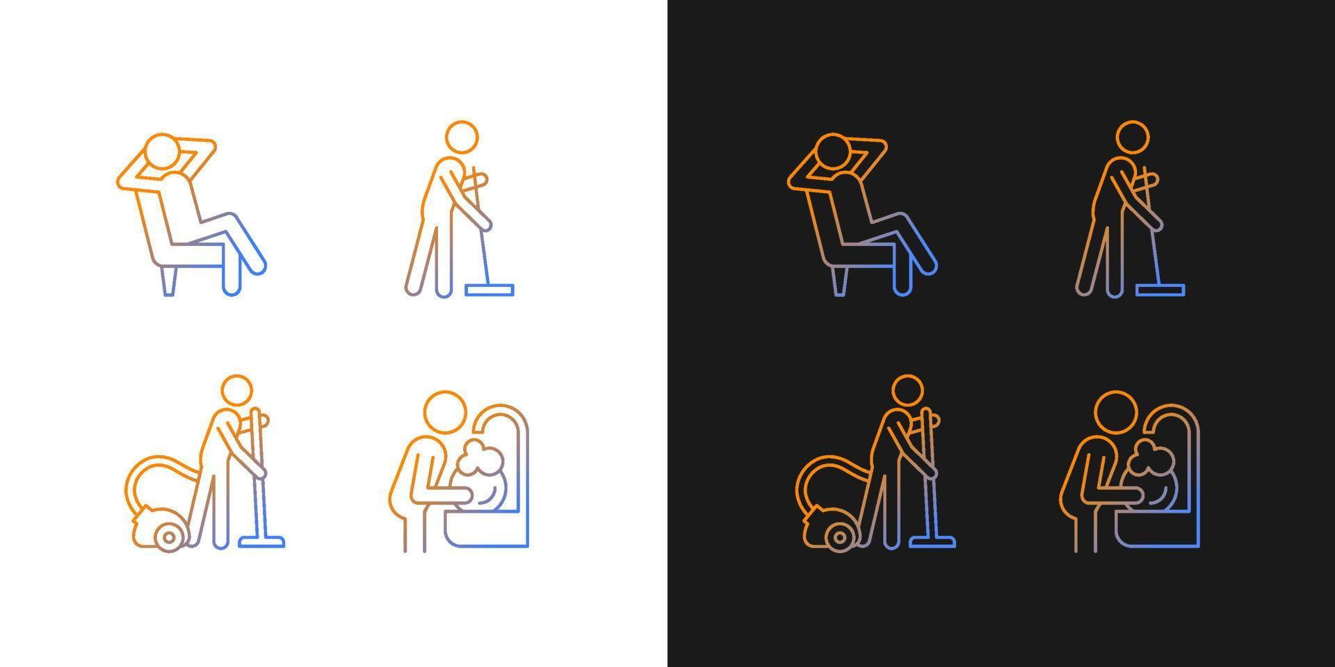 Household chores gradient icons set for dark and light mode. Housekeeping process. Thin line contour symbols bundle. Isolated vector outline illustrations collection on black and white