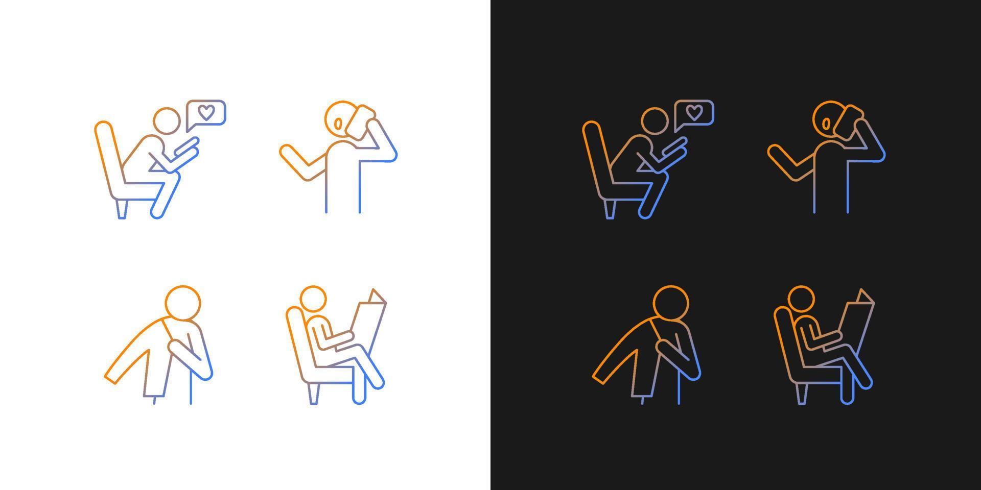 Everyday life gradient icons set for dark and light mode. Making telephone call. Thin line contour symbols bundle. Isolated vector outline illustrations collection on black and white
