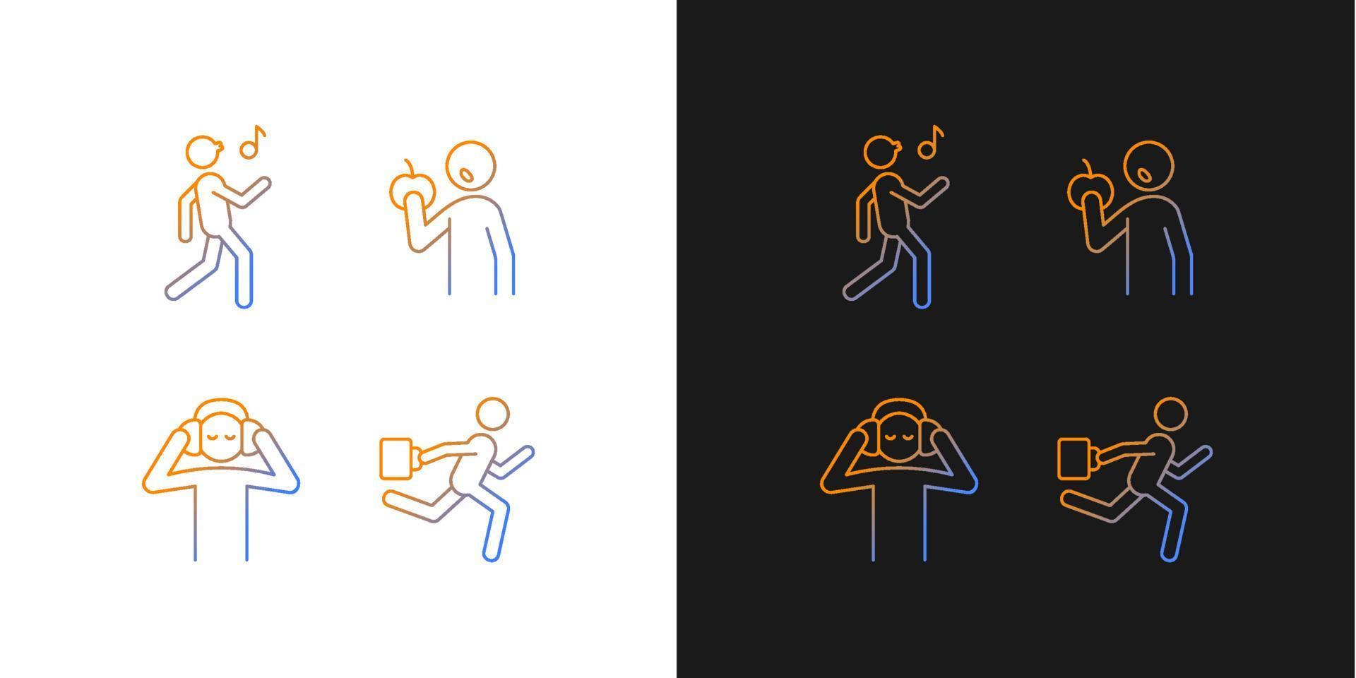 Everyday activities gradient icons set for dark and light mode. Healthy eating habits. Thin line contour symbols bundle. Isolated vector outline illustrations collection on black and white
