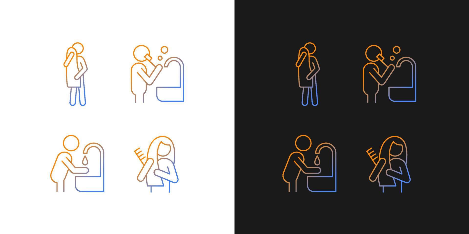 Day-to-day life gradient icons set for dark and light mode. Habits for healthy living. Thin line contour symbols bundle. Isolated vector outline illustrations collection on black and white