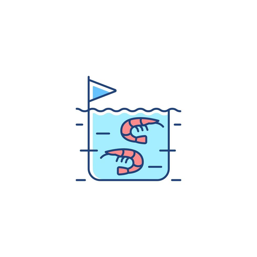 Shrimp farming RGB color icon. Prawn commercial production and breeding. Shrimps growing in tanks and ponds. Seafood industry. Isolated vector illustration. Simple filled line drawing