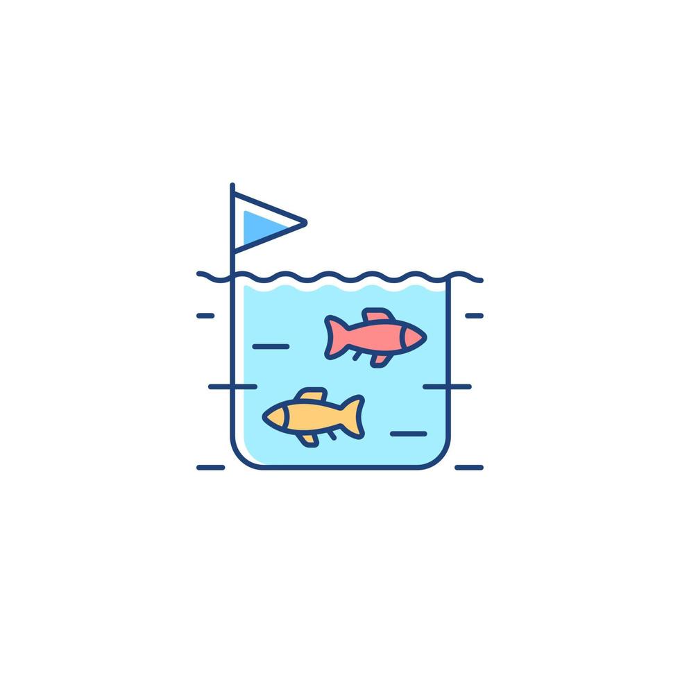 Fish farming RGB color icon. Pisciculture production industry. Fish breeding in tanks and ponds for trade. Seafood producing. Isolated vector illustration. Simple filled line drawing