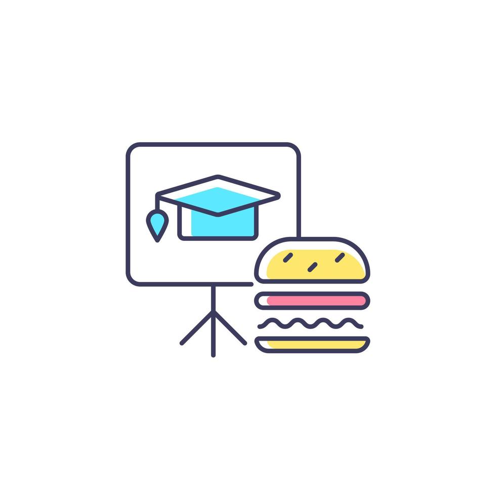 Lunch and learns RGB color icon. Training event during free lunch. Employee encouragement. Offer food and new knowledge. Break during workday. Isolated vector illustration. Simple filled line drawing