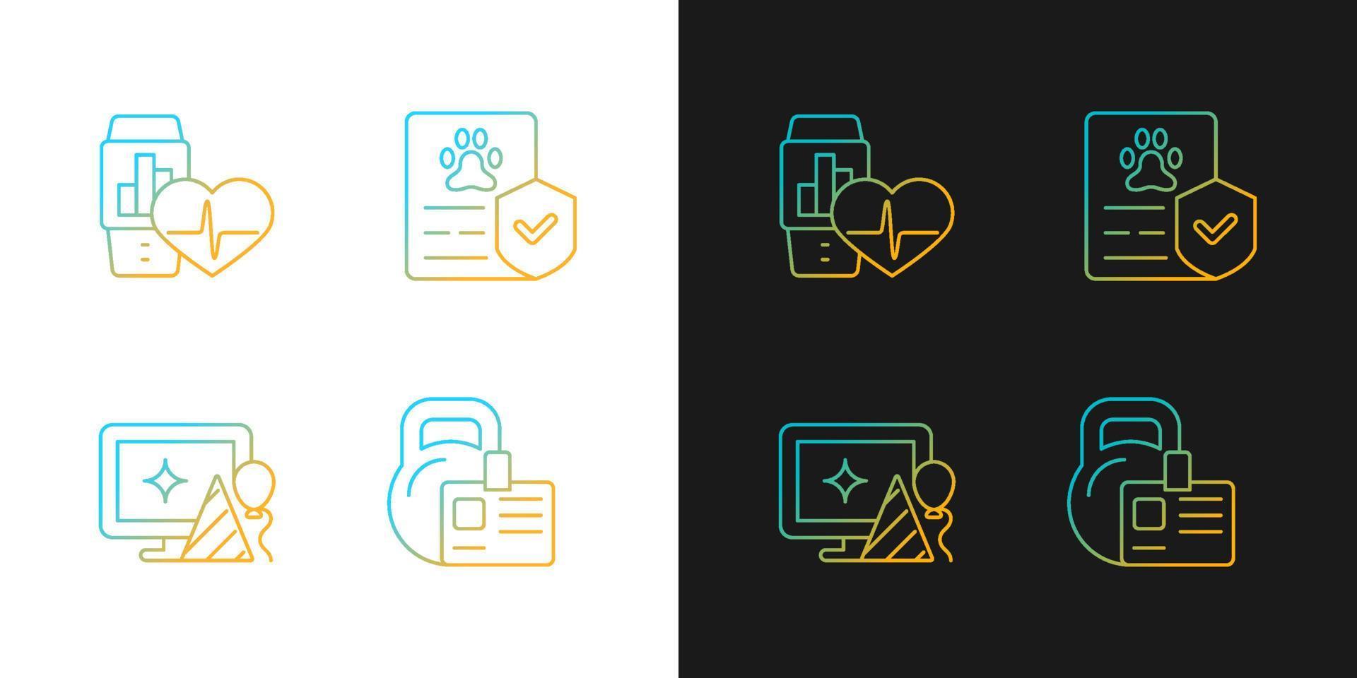 Motivating employees gradient icons set for dark and light mode. Health trackers for workers. Thin line contour symbols bundle. Isolated vector outline illustrations collection on black and white