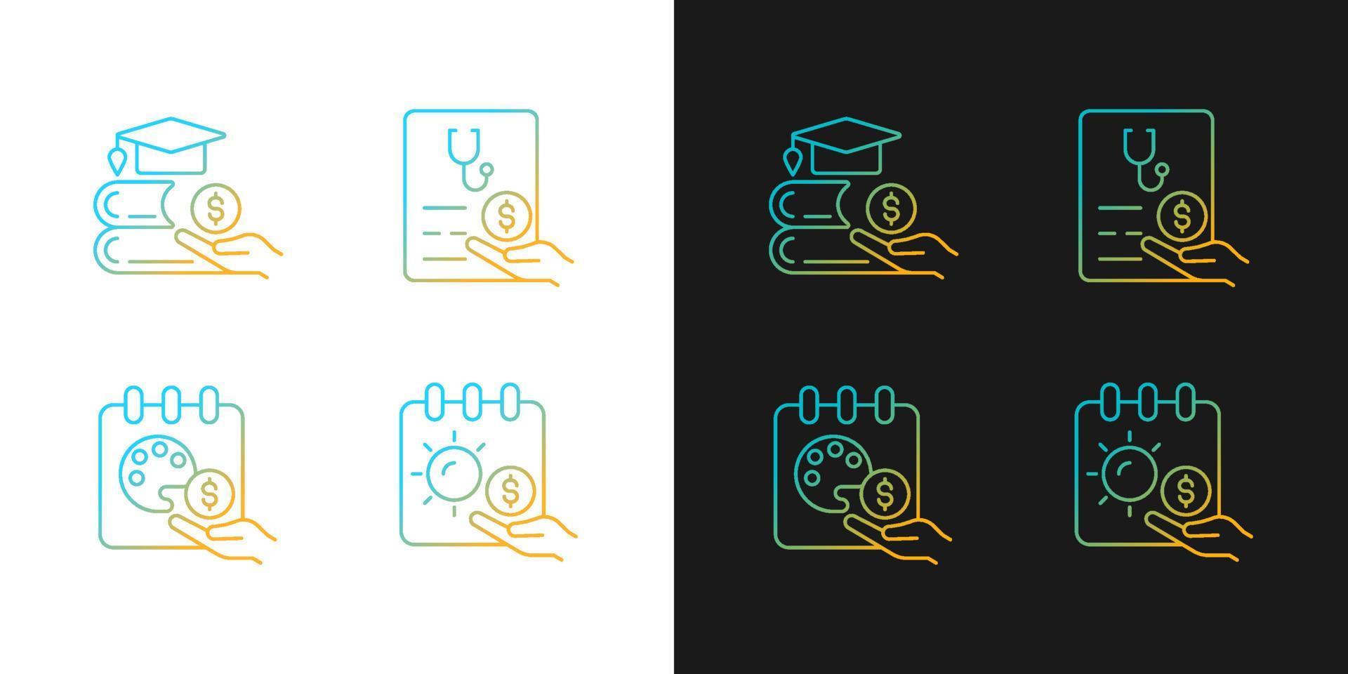 Workplace wellbeing benefits gradient icons set for dark and light mode. Tuition reimbursement. Thin line contour symbols bundle. Isolated vector outline illustrations collection on black and white