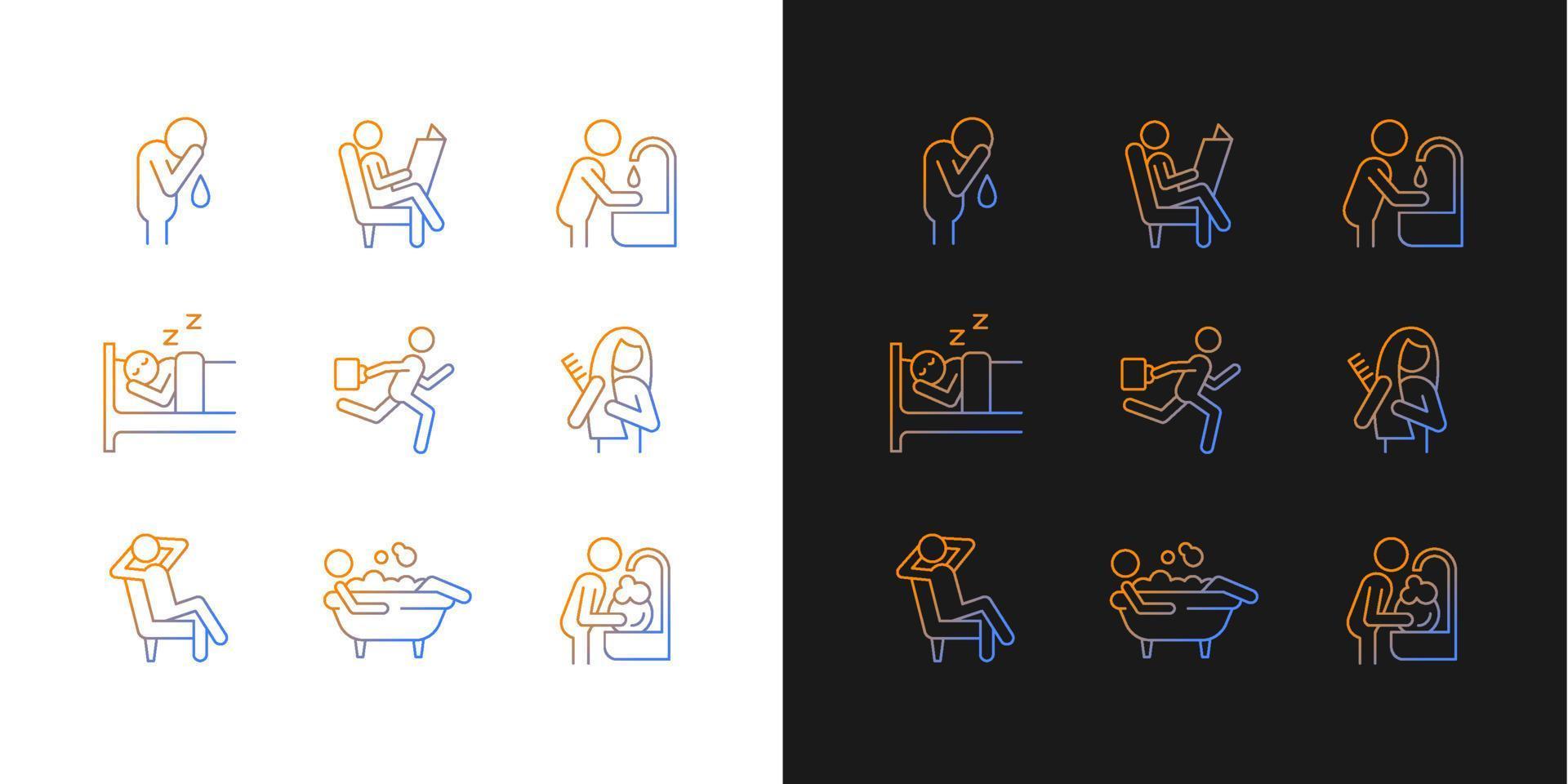 Daily living gradient icons set for dark and light mode. Ordinary household chores. Thin line contour symbols bundle. Isolated vector outline illustrations collection on black and white