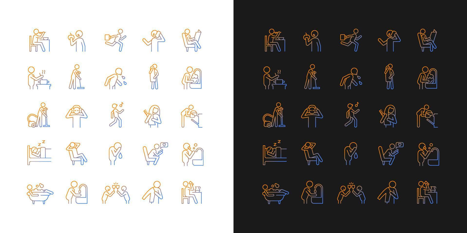 Human behaviour gradient icons set for dark and light mode. Day-to-day routine. Thin line contour symbols bundle. Isolated vector outline illustrations collection on black and white