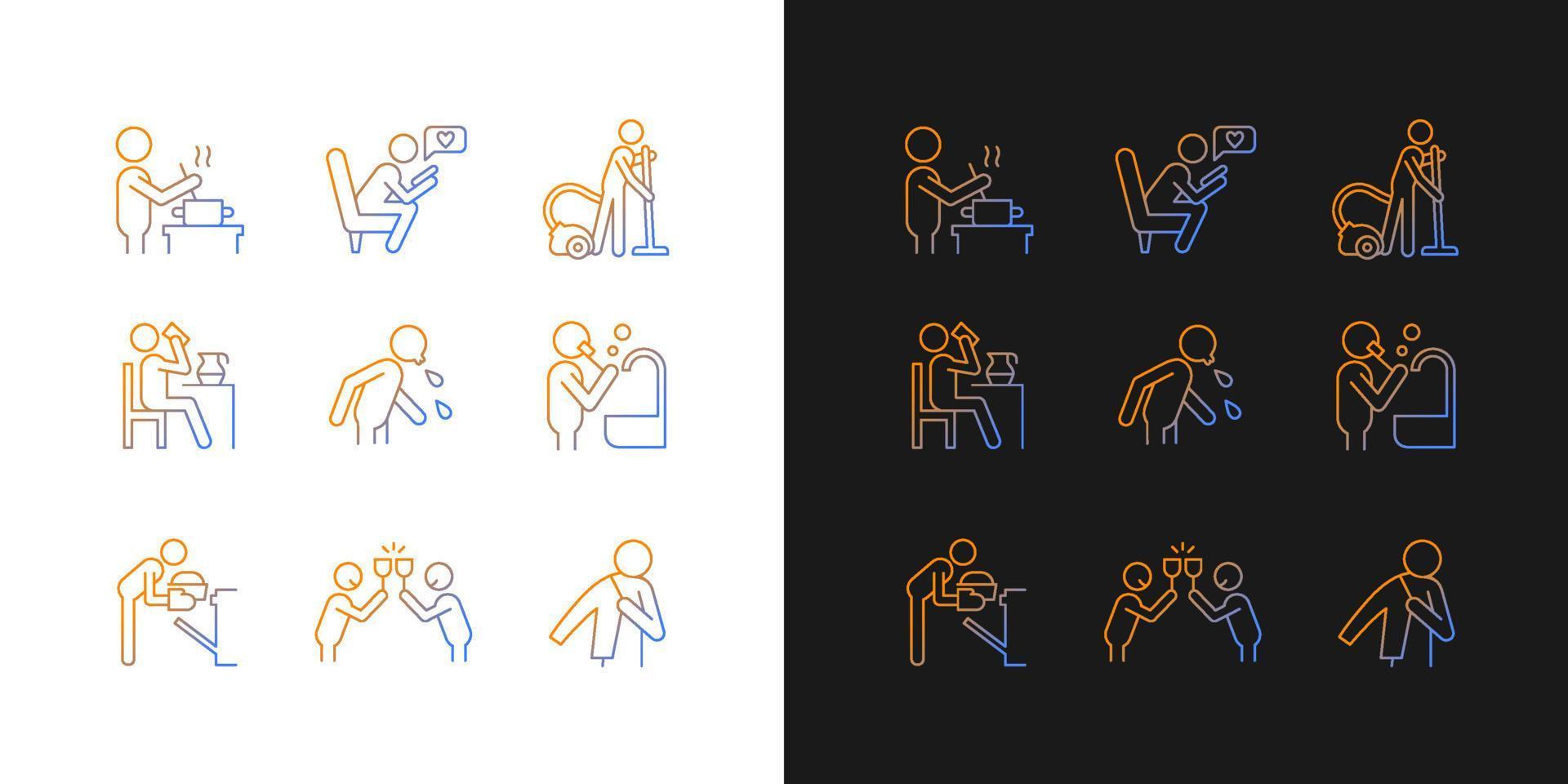 Day-to-day routine gradient icons set for dark and light mode. Activities of daily living. Thin line contour symbols bundle. Isolated vector outline illustrations collection on black and white