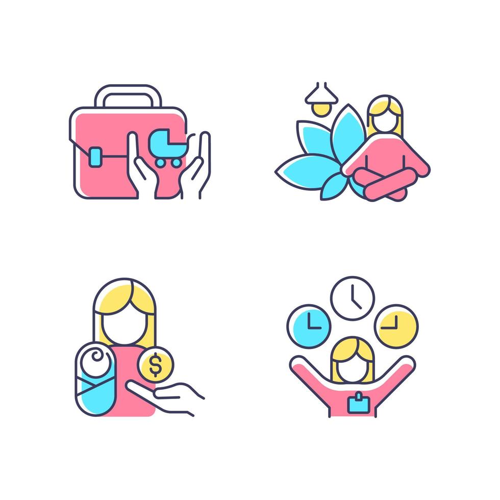 conjunto de iconos de color rgb de incentivos para empleados. asistencia para el cuidado de niños. espacio meditativo en el trabajo. permiso de paternidad remunerado. horario flexible. ilustraciones vectoriales aisladas. colección de dibujos de líneas rellenas simples vector