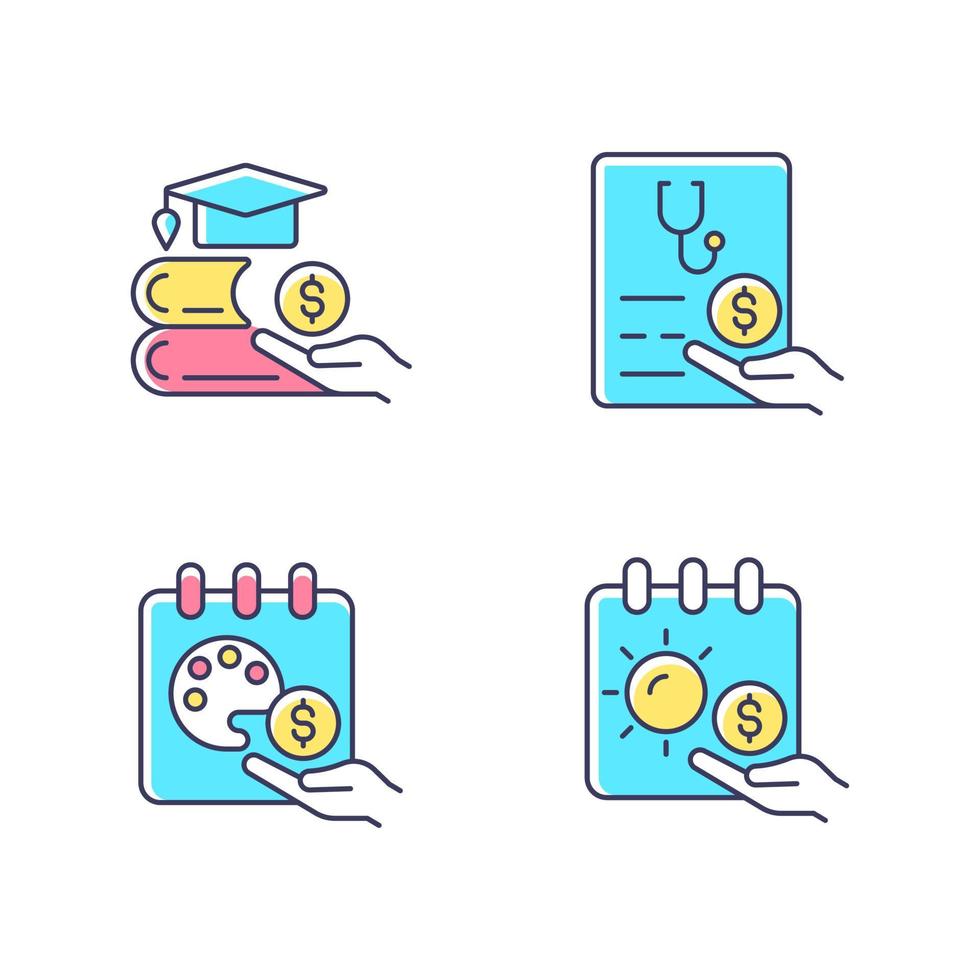 Workplace wellbeing benefits RGB color icons set. Tuition reimbursement. Paid sick days. Sabbatical leave. Unlimited vacation. Isolated vector illustrations. Simple filled line drawings collection