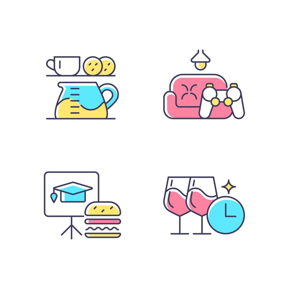 Employee engagement RGB color icons set. Office coffee station. Game room. Training session during lunch. Company happy hour. Isolated vector illustrations. Simple filled line drawings collection
