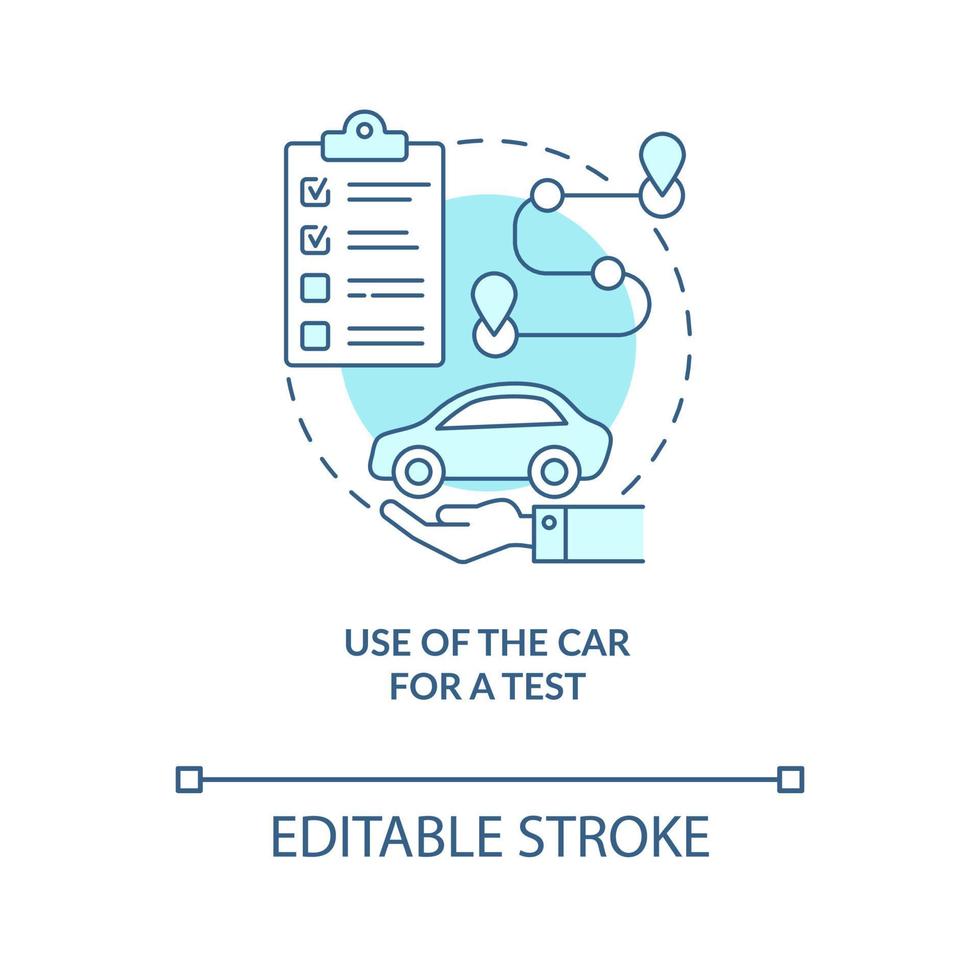 uso del coche para el icono del concepto azul de prueba. servicio de examen vial idea abstracta ilustración de línea delgada. autoescuela. curso de conducción de automóviles. dibujo de color de contorno aislado vectorial. trazo editable vector