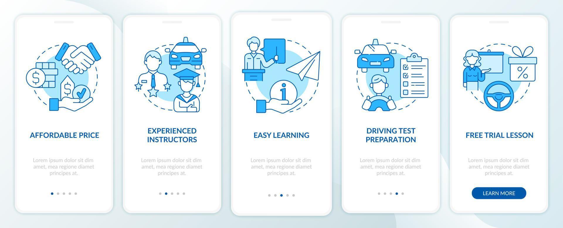 Driving school benefits blue onboarding mobile app page screen. Advantages walkthrough 5 steps graphic instructions with concepts. UI, UX, GUI vector template with linear color illustrations