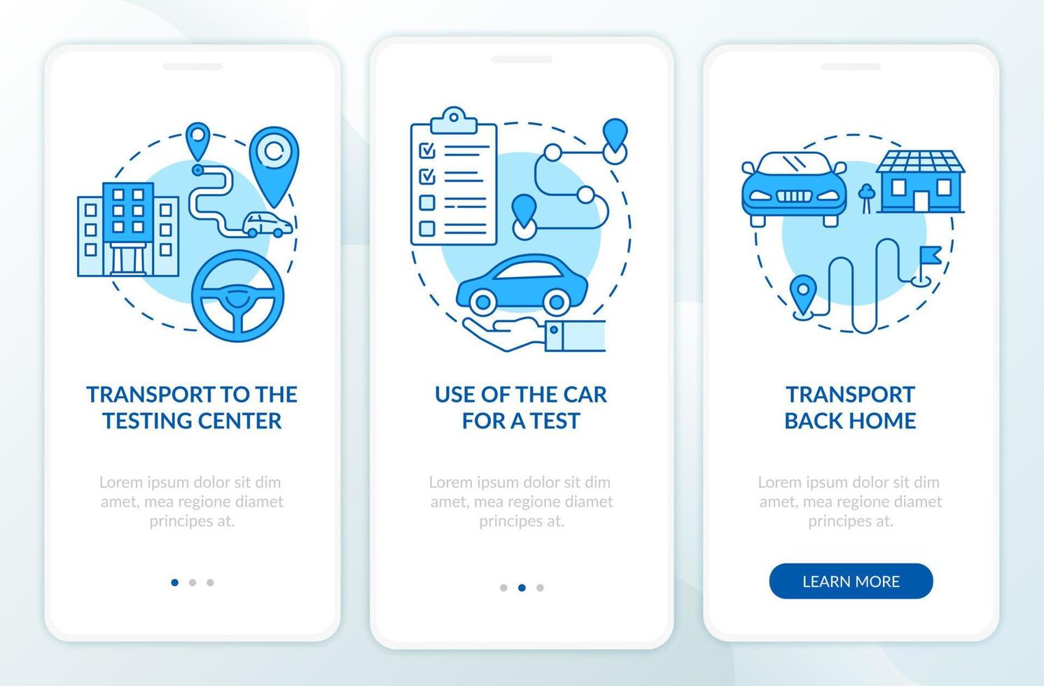 pantalla de la página de la aplicación móvil de incorporación de servicios de prueba de carretera azul. la escuela de manejo ofrece instrucciones gráficas de 3 pasos con conceptos. ui, ux, plantilla vectorial gui con ilustraciones en color lineal vector