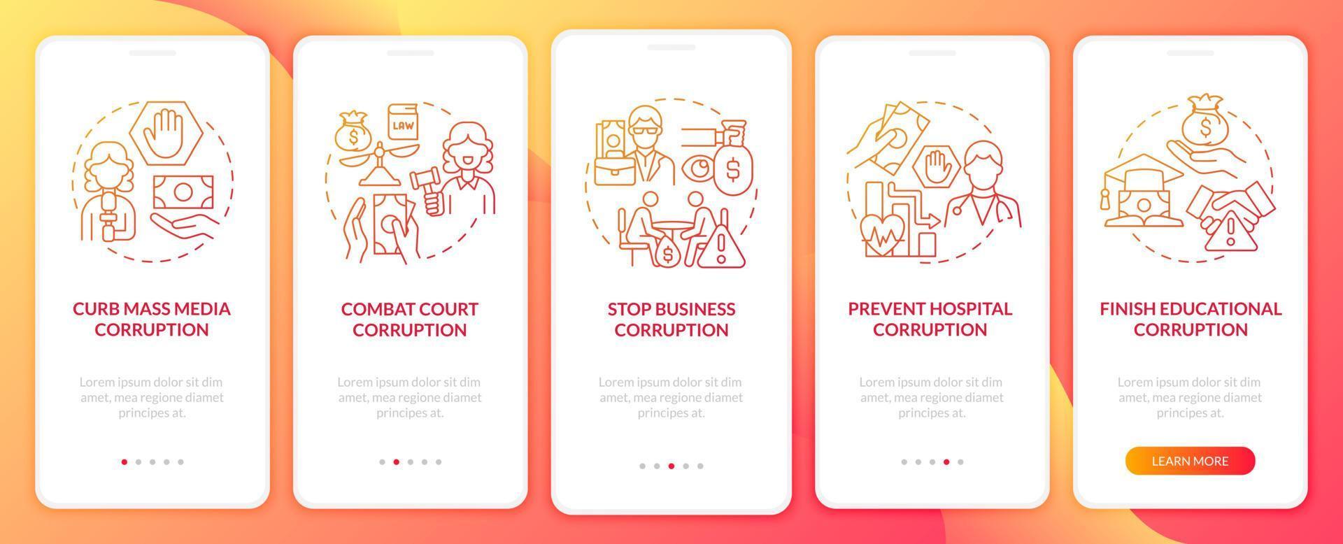 Corruption prevention onboarding red mobile app page screen. Anti corruption measure walkthrough 5 steps graphic instructions with concepts. UI, UX, GUI vector template with linear color illustrations