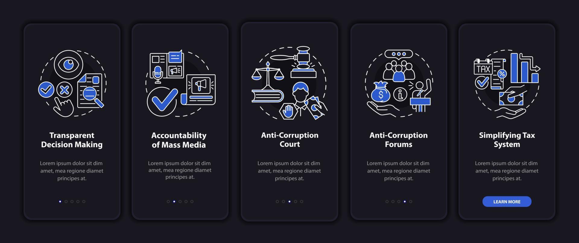 Anti corruption measures onboarding mobile app page screen. Transparency walkthrough 5 steps graphic instructions with concepts. UI, UX, GUI vector template with linear night mode illustrations