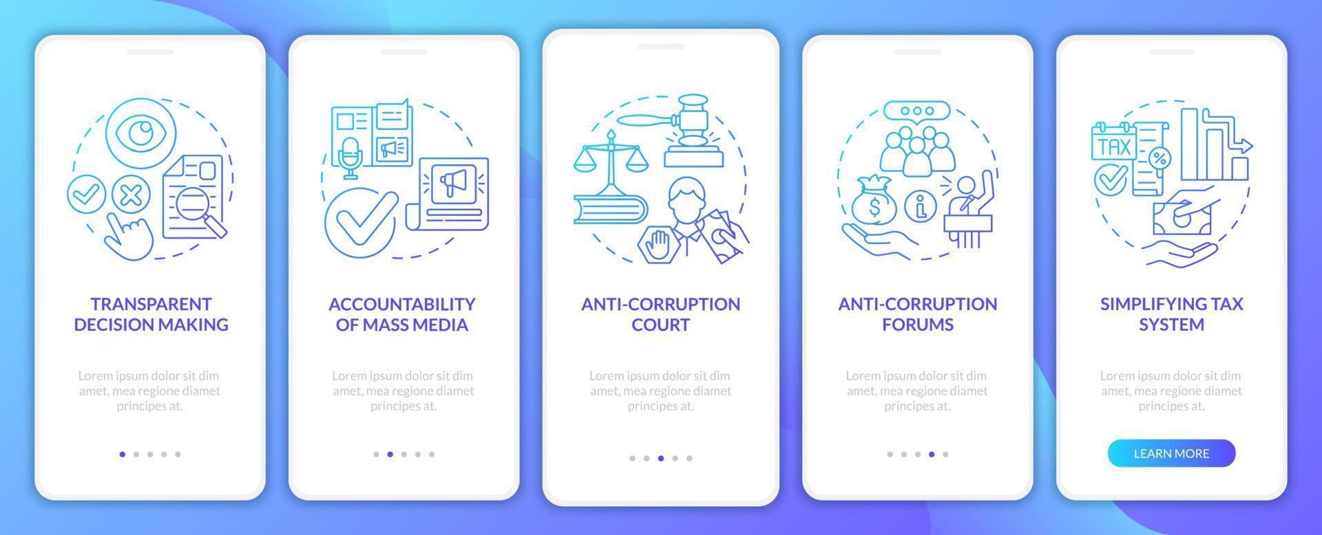 Corruption prevention onboarding gradient mobile app page screen. Fraud prevention walkthrough 5 steps graphic instructions with concepts. UI, UX, GUI vector template with linear color illustrations