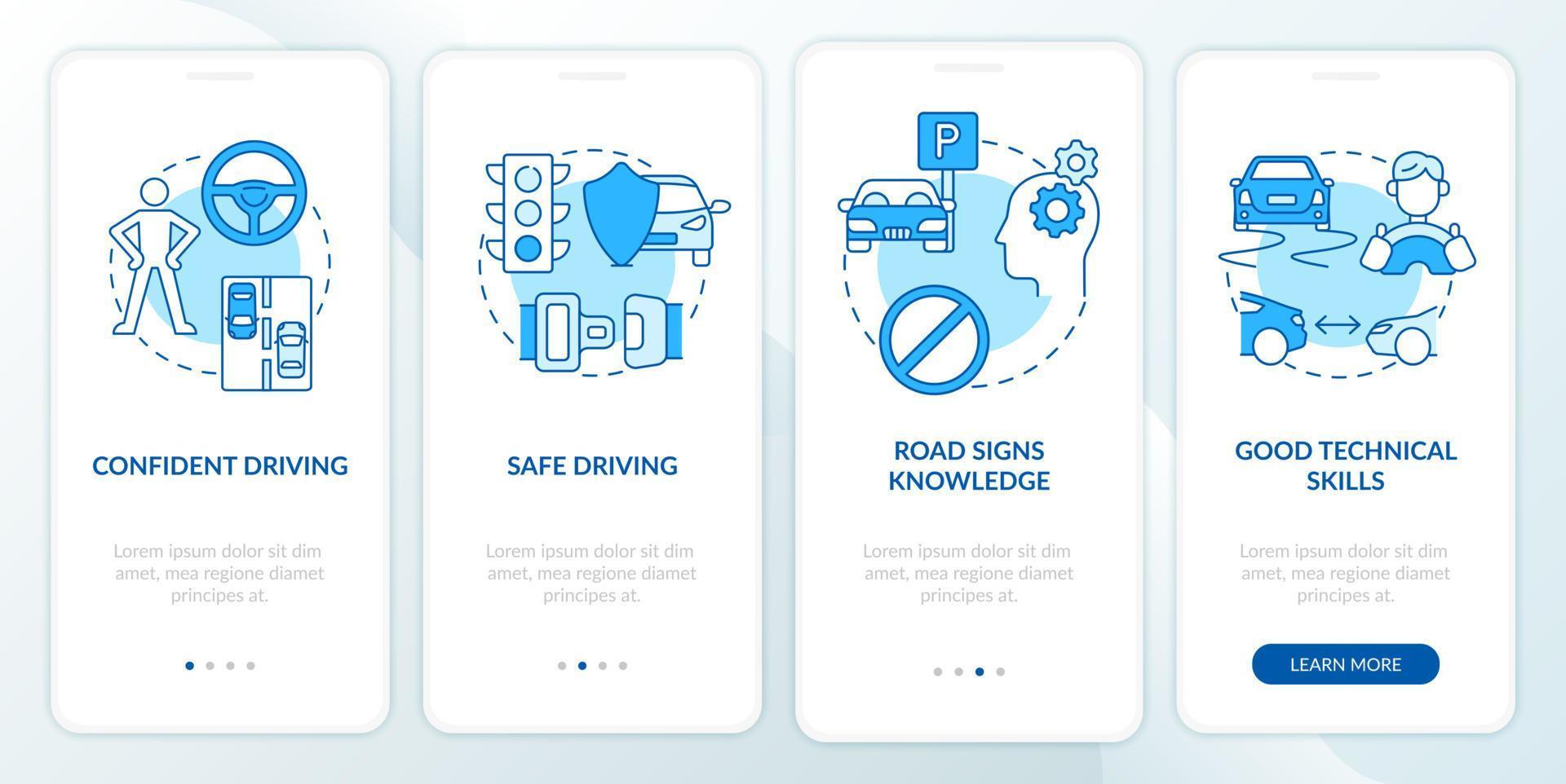 Driving course results blue onboarding mobile app page screen. Drivers license walkthrough 4 steps graphic instructions with concepts. UI, UX, GUI vector template with linear color illustrations