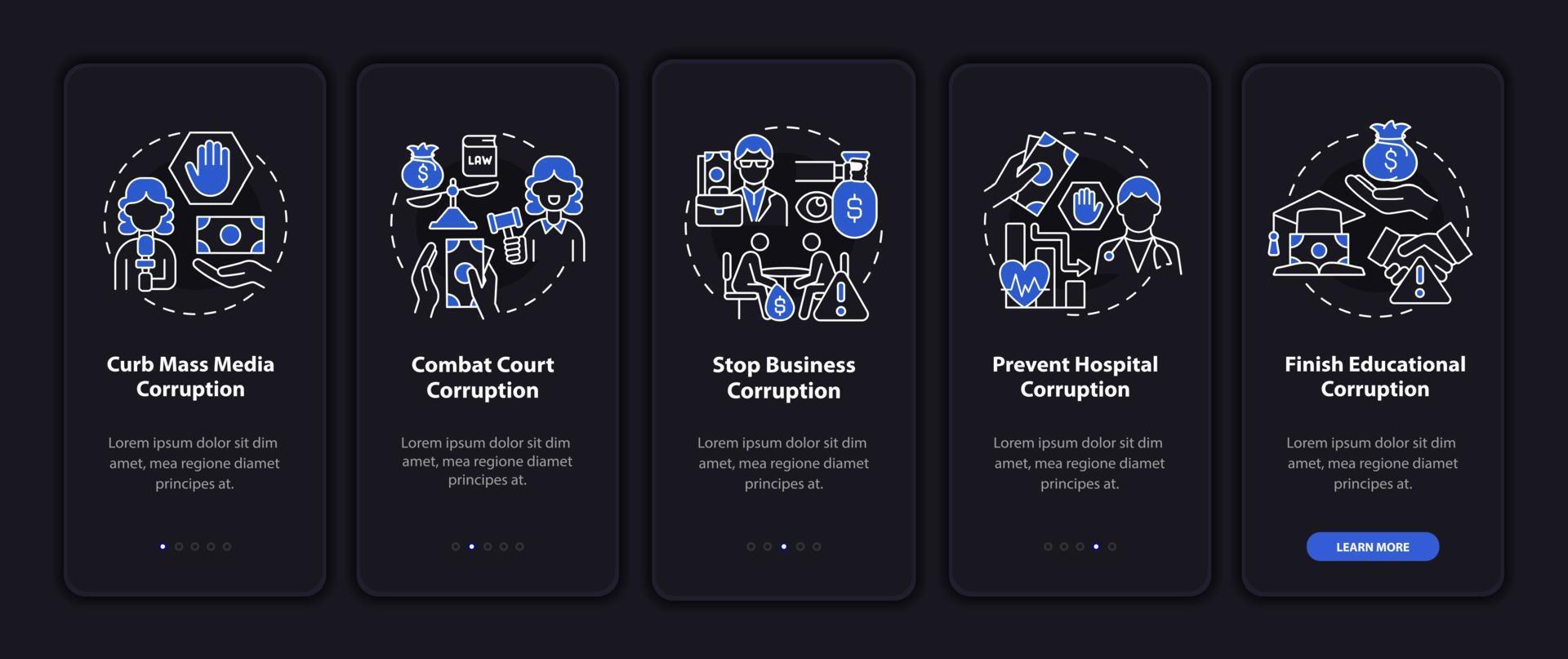 Corrupt practices onboarding mobile app page screen. Stop systemic corruption walkthrough 5 steps graphic instructions with concepts. UI, UX, GUI vector template with linear night mode illustrations