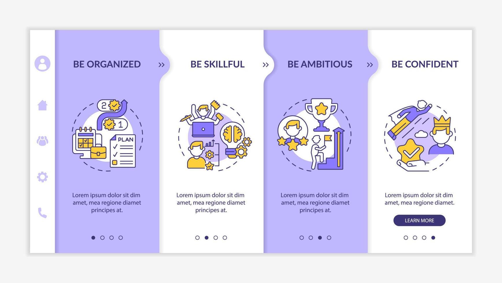 Personality traits for career advancement onboarding vector template. Responsive mobile website with icons. Web page walkthrough 4 step screens. Productivity color concept with linear illustrations