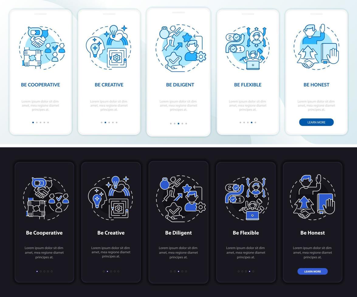 pantalla de la página de la aplicación móvil de incorporación de avance profesional del trabajador. tutorial de éxito 5 pasos instrucciones gráficas con conceptos. ui, ux, plantilla vectorial gui con ilustraciones en modo día y noche vector